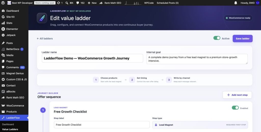 WooCommerce lead magnet funnel journey builder in LadderFlow