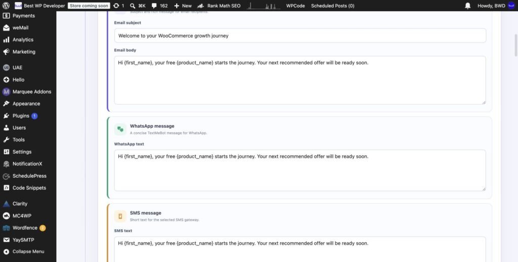 Separate Email WhatsApp and SMS editors for WooCommerce post-purchase automation