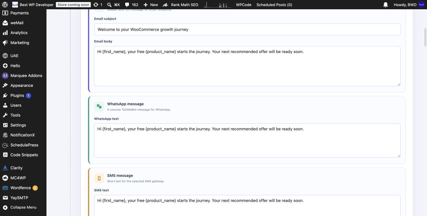 Separate LadderFlow Email WhatsApp and SMS message editors